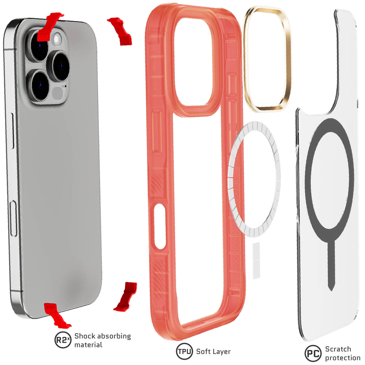 Clear iPhone 16 Pro Pink Protective Phone Case MagSafe Cover Magnetic