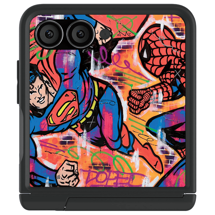 Samsung Galaxy Z Flip 7 Spiderman vs Superman Spraypaint Artist Artwork Protective Phone Case