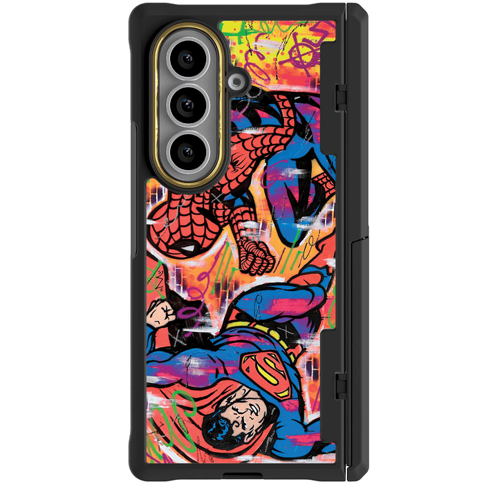 Samsung Galaxy Z Fold 7 Spiderman vs Superman Spraypaint Artist Artwork Protective Phone Case